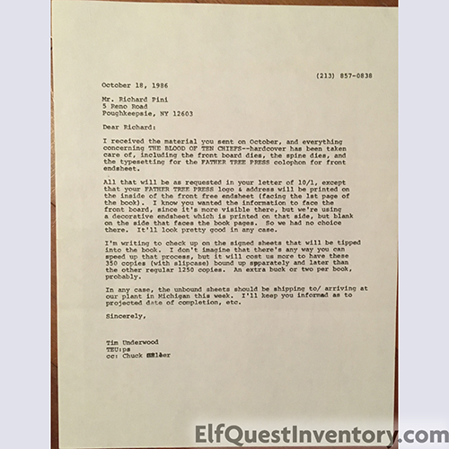 10/18/86 Letter from Tim Underwood to Richard Pini