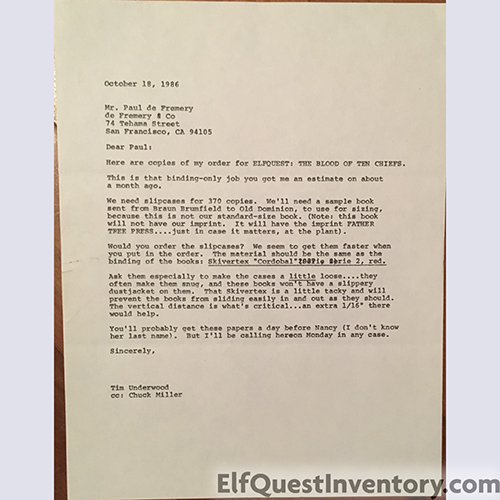 10/18/86 Letter from Tim Underwood to Paul de Frem